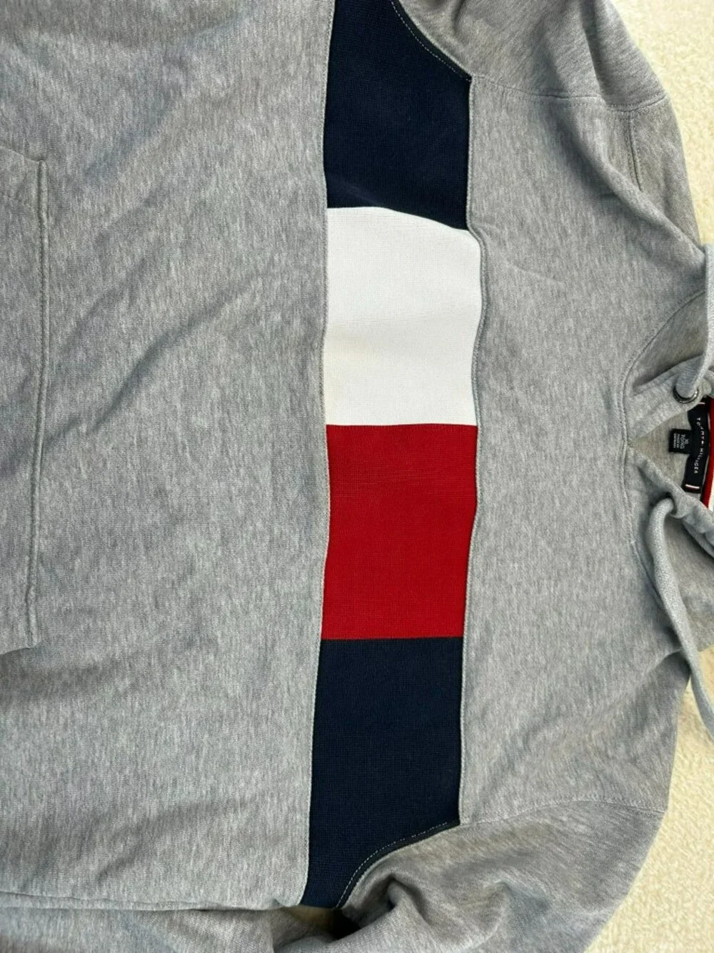 Tommy Hilfiger Mens Hoodie Gray XL Cotton Blend Logo Colorblock Pull-Over Ribbed - Picture 5 of 6